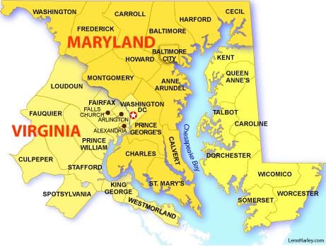 maryland, virginia haritası ve washington dc